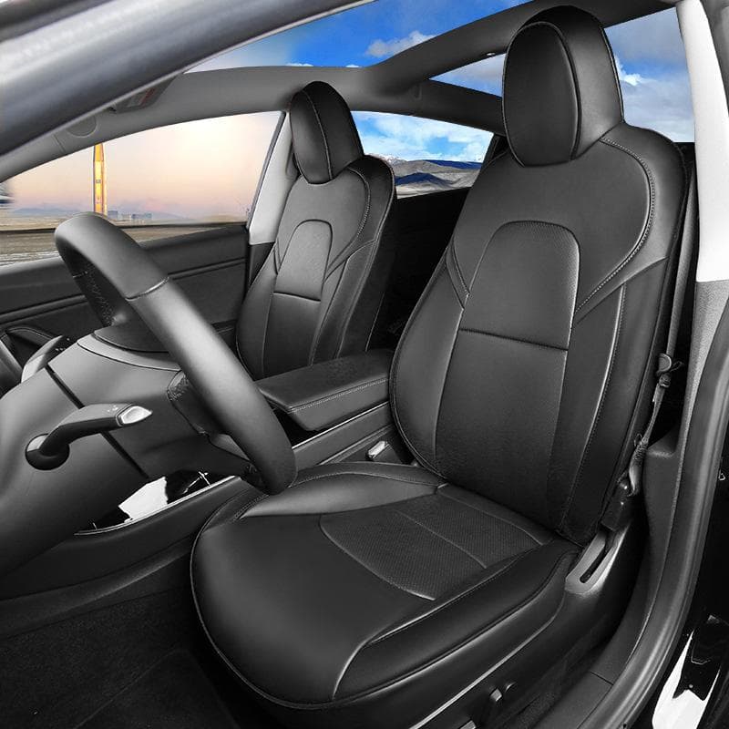 Zwarte leren stoelhoezen — Tesla Model 3 — afbeelding 1